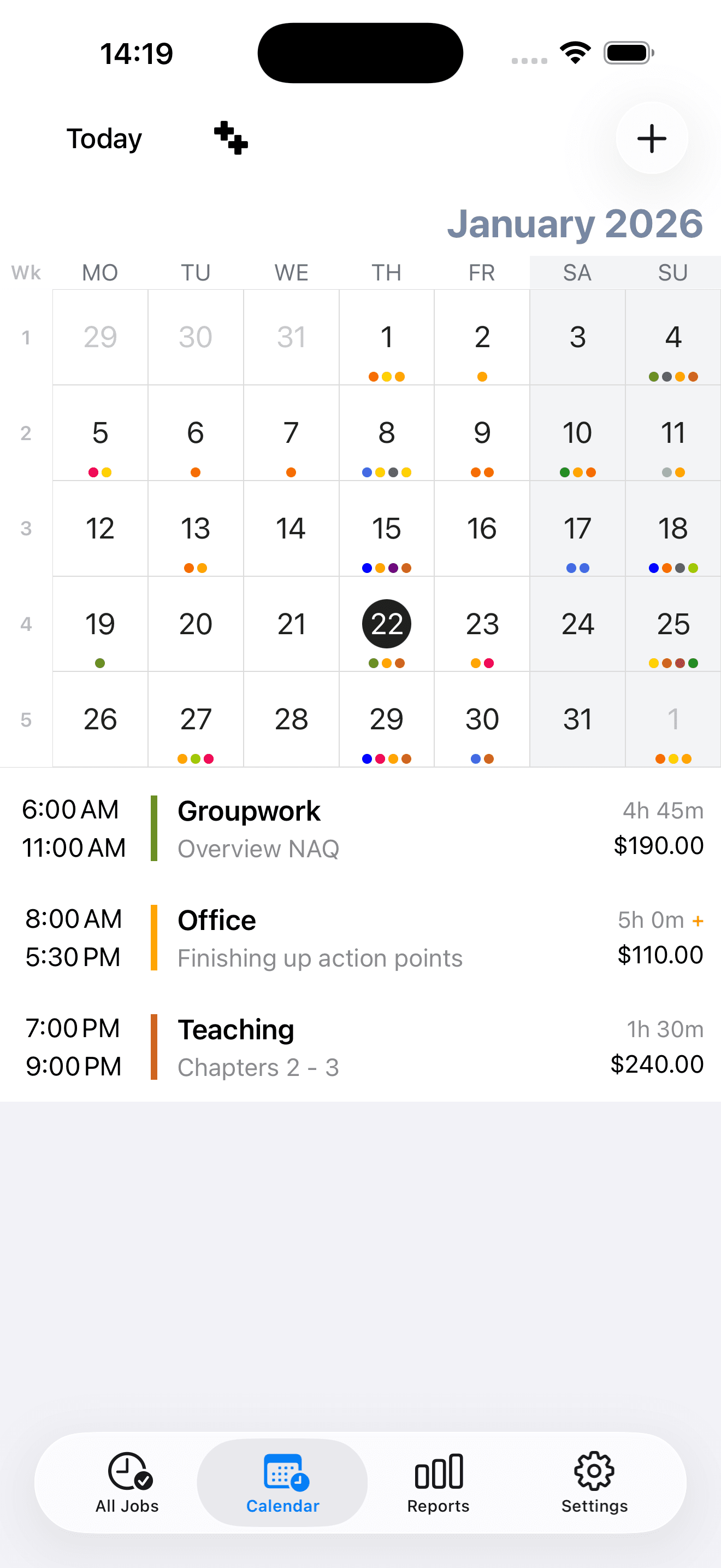 Salarybook calendar showing work hours across multiple jobs